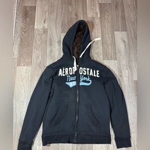VTG Aeropostale Hoodie Mens L Full Zip Faux Fur Sherpa Sweatshirt Jacket Y2K